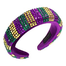 HSWE Mardi Gras - Diadema acolchada con diamantes de imitación de vidrio, morado, verde, amarillo, terciopelo ancho, biselado para carnaval, fiesta, accesorios