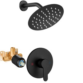Airuida Shower Faucet Set,Single Function Shower Trim Kit,Wall Mount 6 Inch Round Rainfall Shower Head and Handle Set,Single Handle Shower System Set Male Threads Rough-in Valve Matte Black