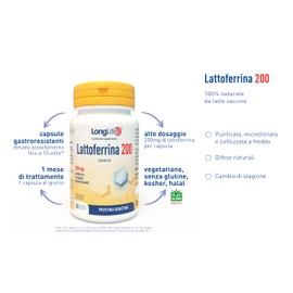 LongLife® Lattoferrina 200 | 100% naturale da latte vaccino | Alto dosaggio (200mg/cps) | Capsule gastroresistenti | Sistema immunitario adulti | 30 capsule | Doping free