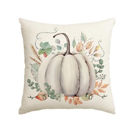 AVOIN colorlife Fall Pumpkin Eucalyptus Leaves Throw Pillow Cover 18x18 Inch, Seasonal Autumn Thanksgiving Harvest Decoration for Home Sofa Couch, White(2)