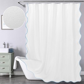 ORTIGIA White Blue Shower Curtain, Blue Scalloped Shower Curtain Coastal Pretty Aesthetic Waterproof Fabric Bath Bathroom Decor with Metal Hooks 72 W x 72 H Inch