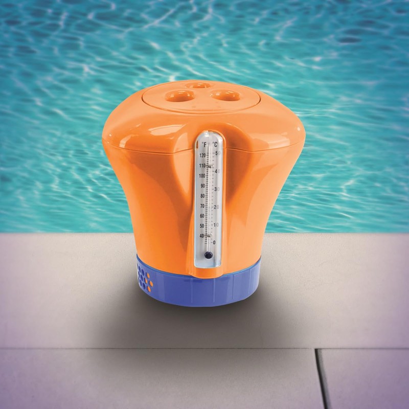 Pool Dosierschwimmer mit Thermometer orange großer Chlordosierer Chlorspender für ChlorTabs,