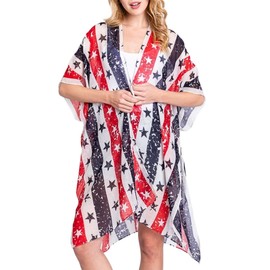 Chunoy Women July 4th American Flag Chiffon Kimono Cardigan Loose Tops Lightweight July 4th Beach Cover Up AF2 XX-Large