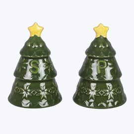 Young’s Inc Ceramic Salt Shaker, Christmas Woodland Lodge Tree Shaped Salt and Pepper Set, S/P Seasoning Set, Modern Kitchen Décor and Accessories, Spice Set