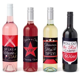 Big Dot of Happiness Red Carpet Hollywood - Movie Night Party Decorations for Women and Men - Wine Bottle Label Stickers - Set of 4
