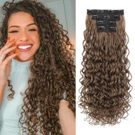 REECHO Curly Hair Extensions, 4PCS 24 inch Clip in Hair Extensions Lace Weft Short Curly Extensions Clip Ins Invisible Natural Hairpieces for Women, Light Brown
