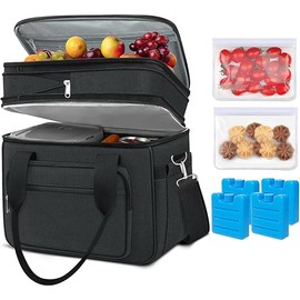 Coobiiya Lunch Box for Men Expandable Lunch Bag, 23L Large Cooler Lunch Box, Insulated Lunch Bag for Work/Adult with 4 Ice Packs&2 Snack Bags Double Deck Leakproof Heavy Duty bags for Women- Black
