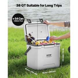 VEVOR Portable Cooler, 38 QT Hard Cooler with Ice Retention, Heavy-Duty Handles and Cup Holder, Lightweight Rigid Material Insulated Portable Cooler, Suitable for Family Picnics and Long Trips