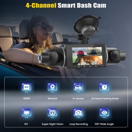 CAMECHO 4 Channel Dash Cam Car, 360° Rotatable Front Rear Interior Left Right Dash Cam, Car Camera with App Control, IR Night Vision, Loop Recording, G-Sensor, Parking Aid, 24H Parking Monitoring