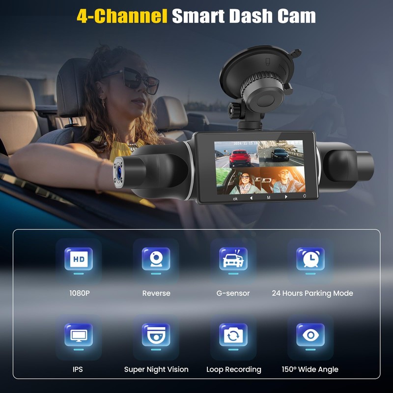 CAMECHO 4 Channel Dash Cam Car, 360° Rotatable Front Rear