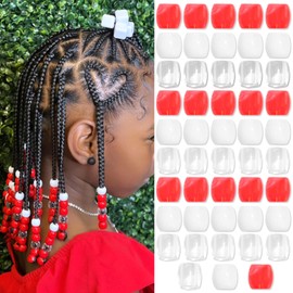 VENOFEN 48PCS Red Dreadlock Beads White Clear Acrylic Hair Beads Braids Accessories for Kids Girl Cute Loc Bead Hair Decoration Jewelry Making Kit with Tool