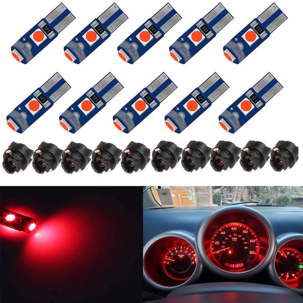 BlyilyB 10-Pack Red T5 2721 37 74 Wedge Led Bulb PC74 Twist Sockets Replacement Dash Dashboard Lights Instrument Panel Cluster LEDS Lamps