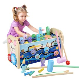 ​​7-in-1 Sensorik Spielzeug Montessori Spielzeug ab 1 Jahr, Holzspielzeug Lernspielzeug für Kleinkinder mit Klangspiel, Schlagspiel, Angelspiel – Sicher & Langlebig, Förderung von Feinmotorik & Geduld