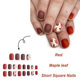 Square Press on Nails Extra Short Fake Nails Fall Matte Glue on Nails Maple Leaves False Nails Glossy Acrylic Stick on Nails Short Acrylic Nails Brown Press on Nails for Women Girls 24Pcs
