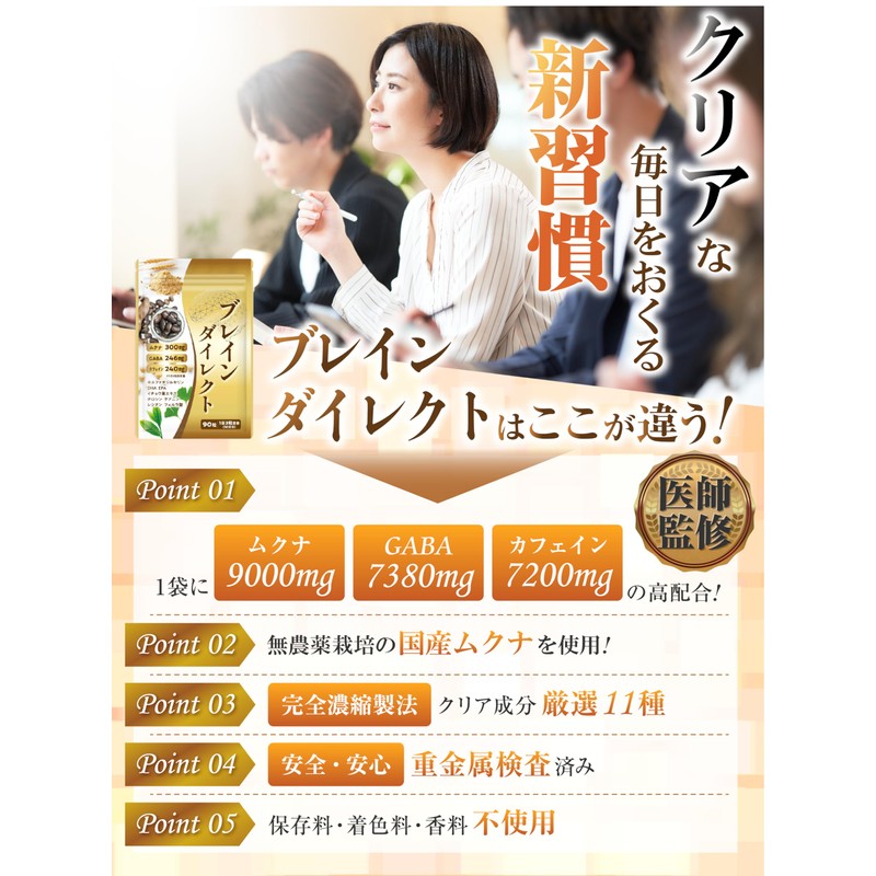 【医師監修】集中力 やる気 サプリ 国産無農薬ムクナ 1袋9000mg 30日分 90粒 1日3粒 GABA カフェイン