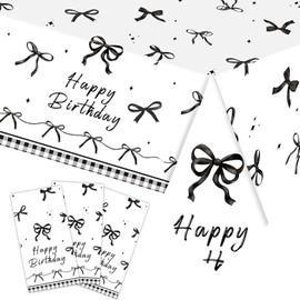 3-Pack 54 x 108 Inch Birthday Theme Plastic Tablecloth - Disposable Rectangle Table Cover with Happy Birthday Design and Bowknot Pattern for Birthday Party, Celebration, Festive Decorations (Black)