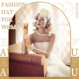 3 Pieces Fascinator Hat for Women Tea Party Derby Hat with Veil Feather Funeral Headpiece Lace Gloves Pearl Necklace (Beige)