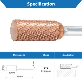 Ultra Co Coated Carbide Burr 12mm (Metric) Diameter with 6mm Metric Shank, (Specially with Chipbreaker) TJR... (Cylinder)
