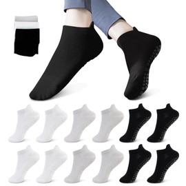 WATUNID 6 Pairs Non Slip Grip Socks for Women, Pilates Sock with Anti-Slip Rubber, Cotton Yoga, White/Grey/Black Ankle Socks, Grippy Sock for Pure Barre Ballet Barefoot Workout Hospital