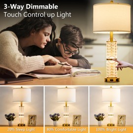 SAIWEYA Crystal Table Lamps Modern 3-Way Dimmable Bedside Lamp with 2 USB Ports & AC Outlets for Living Room Bedroom Nightstand Lamp Night Light (Gold-2 Pack)