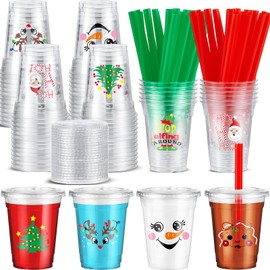 Zhehao 100 Set 12 oz Christmas Plastic Cups with Lids and Straws Xmas Plastic Cups Plastic Coffee Cups with Lids Straws Disposable Plastic Cups for Holiday Party Drinks
