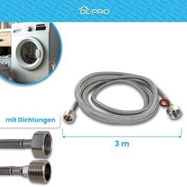 DL-pro Inlet Hose Extension 3 m 3/4 Inch Straight/Straight -15° to +90° Stainless Steel for Washing Machine Dishwasher Dishwasher
