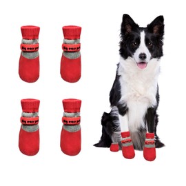 Anti Slip Dog Socks Boots, Dog Shoes for Paw Protection, Rain Snow Dog Booties Anti-Slip Dog Sock Paw Protector for Small Medium Dog Puppy (Red, 6 lb)