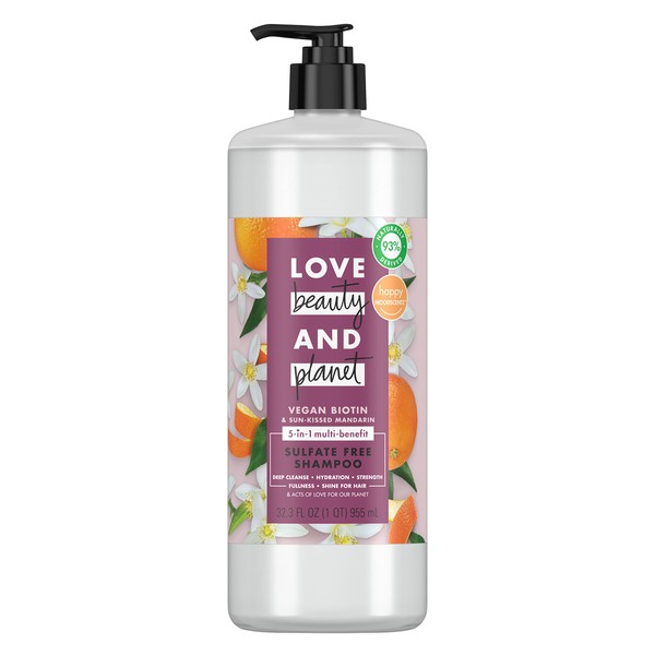 Love Beauty and Planet Sulfate-Free Shampoo Vegan Biotin & Sun-Kissed Mandarin Deep Cleanse, Hydrate, Strengthen, Volumize & Shine 5-in-1 Multi-Benefit Nourishing Shampoo 32 oz