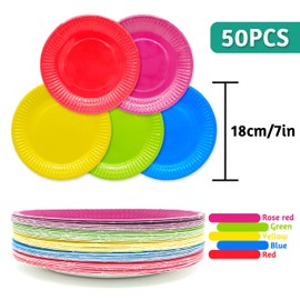 AMJKEJI Paper Plates, Pack of 50 Colourful Paper Plates, 18 cm, Party Disposable Plates Set for Birthdays, Weddings, Christmas, Barbecues, Camping