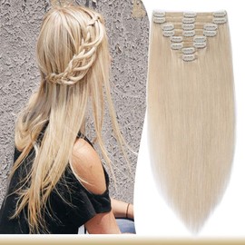 Clip in Human Hair Extensions Platinum Blonde 12 inch Double Weft Thick 8pcs 18 clips on 8A Grade Soft Straight 100% Remy Hair #60 115g