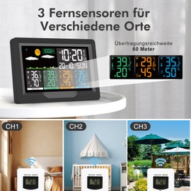 jely Wireless Weather Station with 3 Outdoor Sensors, Colour Display, Wireless Weather Stations, Indoor Thermometer, Hygrometer, Outdoor Thermometer Station, Wireless Weather Station with Weather