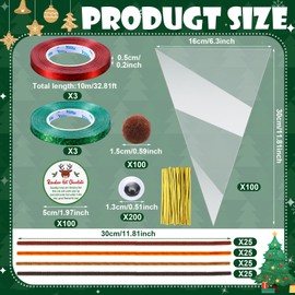 SilTriangle 100 Sets Christmas Hot Cocoa Cone Cellophane Bags with Chenille Stems and Reindeer Hanging Card Treat Bags for DIY Hot Chocolate Popcorn Cotton Candy Packing Christmas Party Favor
