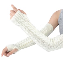 Lopsity Arm Warmers Soft Winter Knit Arm Warmers Thumbhole Gloves Long Fingerless Gloves Knitted Warm Weave Gloves, White, One Size