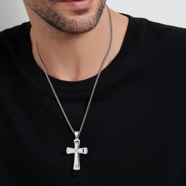 Oskani Men's Cross Necklace Stainless Steel Crucifix Cubic Zirconia Pendant with Chain White Gold Jewelry