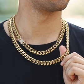 PY BLING 14k Golden Plated Mens Heavy Miami Cuban Link Chain Choker with Lab Diamond Clasp Stainless Steel Hip Hop Thick 8mm-16mm Necklace (14mm,22in)