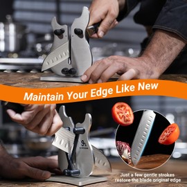 GLOBEHOME Professional Knife Sharpener for Kitchen, 3-Action Blade Sharpener with Tungsten Carbide, Auto Adjustable Brushed Stainless Steel Manual Sharpener for Serrated, Beveled, Standard Blades