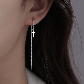 Jugielu Boho Cross Threader Earrings Silver Threader Chain Earrings Tiny Cross Chain Dangle Earrings Threader Cross Drop Earrings Long Pull Through Earrings Jewelry for Women