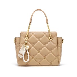 Cnoles Elegant Quilted Ladies Faux Leather Gold Chain Pearl Pendant & Shoulder Strap Designer Handbags, Apricot