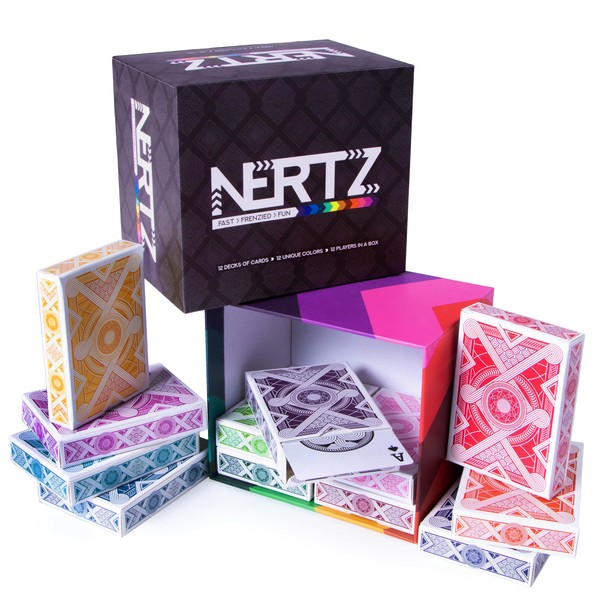 Brybelly Nertz: The Fast Frenzied Fun Card Game - 12 Decks of Playing Cards in 12 Vibrant Colors, Bulk Set of Poker Wide-Size/Regular Index, Plastic-Coated Cards