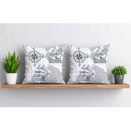 Cushion Covers 40 x 40 cm Set of 2 Pack Soft Short Plush Decorative Square Throw Pillow Case Pillowcases for Sofa Bedroom Outdoor Home Office Car Decor with Invisible Zipper Nautical Sailboat Map