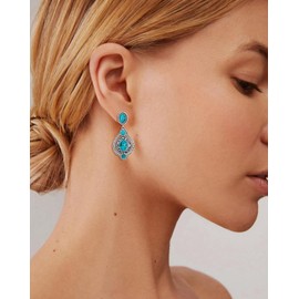 Genuine Turquoise Dangle Earrings, Sterling Silver Vintage Native American Western Boho Jewelry for Women