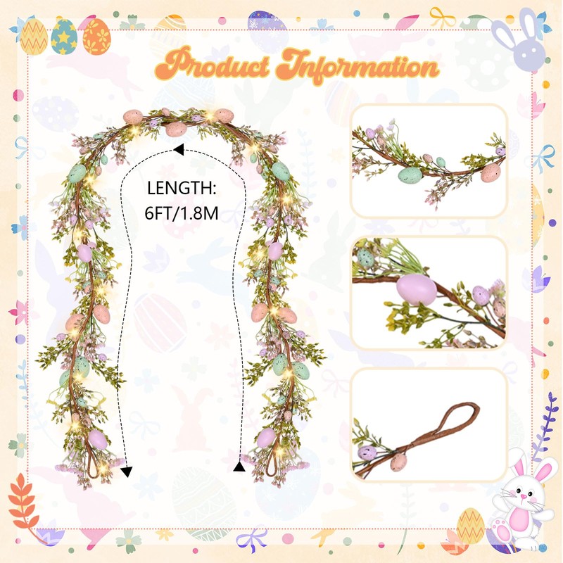 6FT Lighted Easter Egg Garland with Spring Flowers, Long Artificial