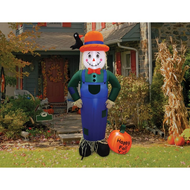 7' Air Blown Inflatable Scarecrow Standing Next to Pumpkin Thanksgiving