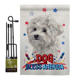 Breeze Decor Patriotic Maltese Garden Flag Set with Stand Animals Dog Puppy Spoiled Paw Canine Fur Pet Nature Farm Animal Creature Small Decorative Gift Yard House Banner Made in USA 13 X 18.5