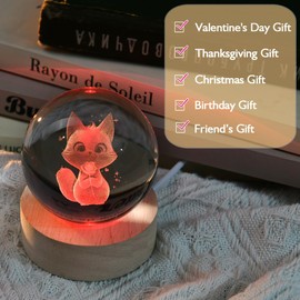 ZRENJHUS 3D Cat Crystal Ball Cat Lovers Gift Cat Themed Present Novelty Cat Holding Rose Gift for Girlfriend Cat Decorative Ball 60mm with Colorful Light Base Valentine's Day Gifts