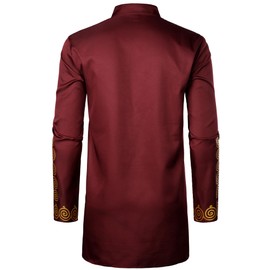 ZEROYAA Men's Africa Suit Long Sleeve Button Down Print Dashiki and Pants Outfit Arab India 2 Piece Set Burgundy Medium