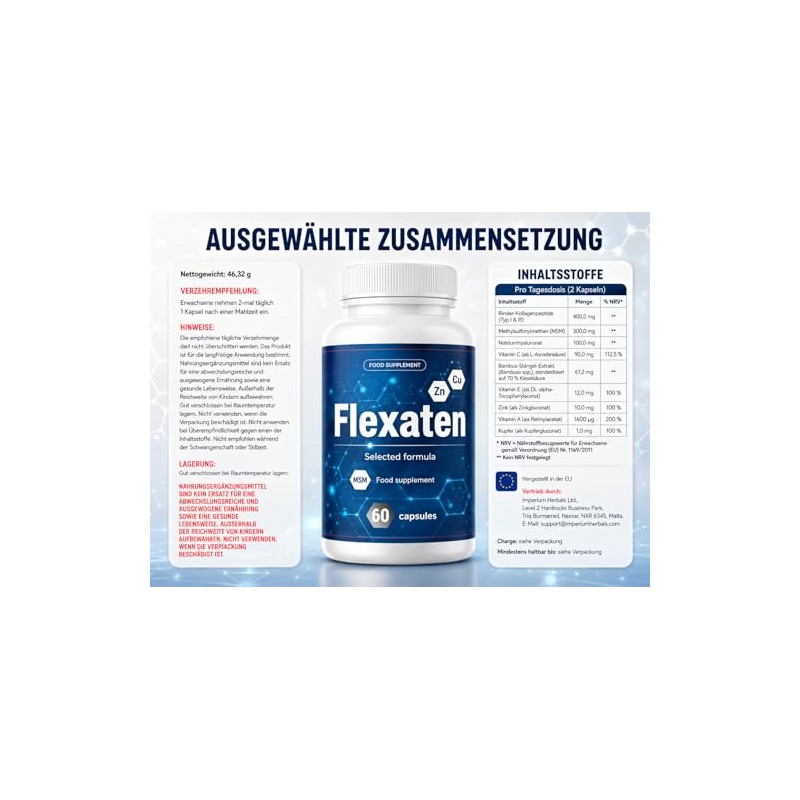 Flexaten 60 Capsules - Adult Dietary Supplement with Collagen Peptides,