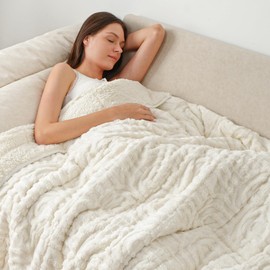 Wemore Jacquard Fleece Weighted Blanket King Size 80" x 87" 15lbs, Super Soft Cozy Sherpa Weighted Blankets for Adults, Ultra Fuzzy Heavy Blanket for Sleep, Fluffy Warm Throw for Bed, Cream White