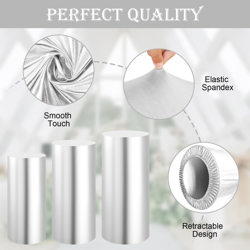 Set of 3 - Silver Cylinder Pedestal Stand Covers, Flexible