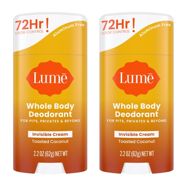 Lume Whole Body Deodorant - Invisible Cream Stick - 72 Hour Odor Control - Aluminum Free, Baking Soda Free, Skin Safe - 2.2 Ounce (Pack of 2) (Toasted Coconut)